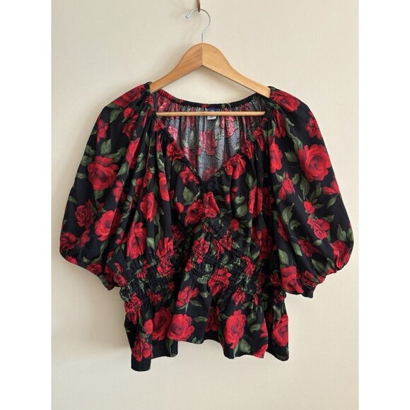 Old Navy Smocked V-Neck Babydoll Peplum Top Cotton Red Roses Women’s 2X Romantic - Picture 1 of 11